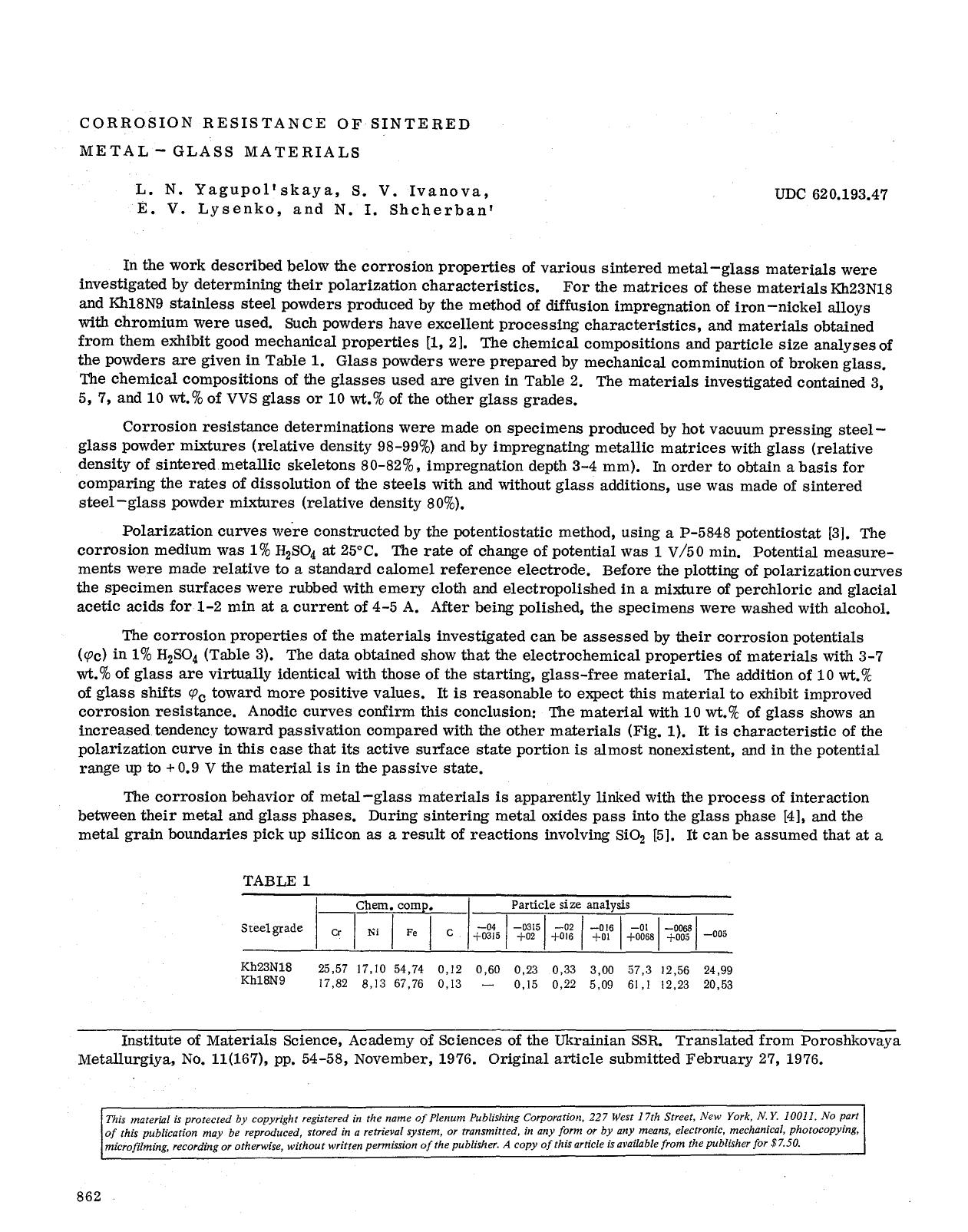 Corrosion resistance of sintered metal-glass materials by Unknown