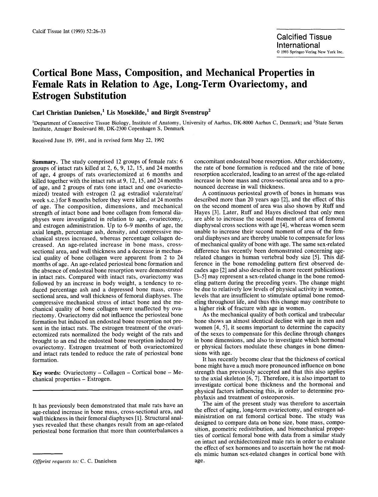 Cortical bone mass, composition, and mechanical properties in female rats in relation to age, long-term ovariectomy, and estrogen substitution by Unknown
