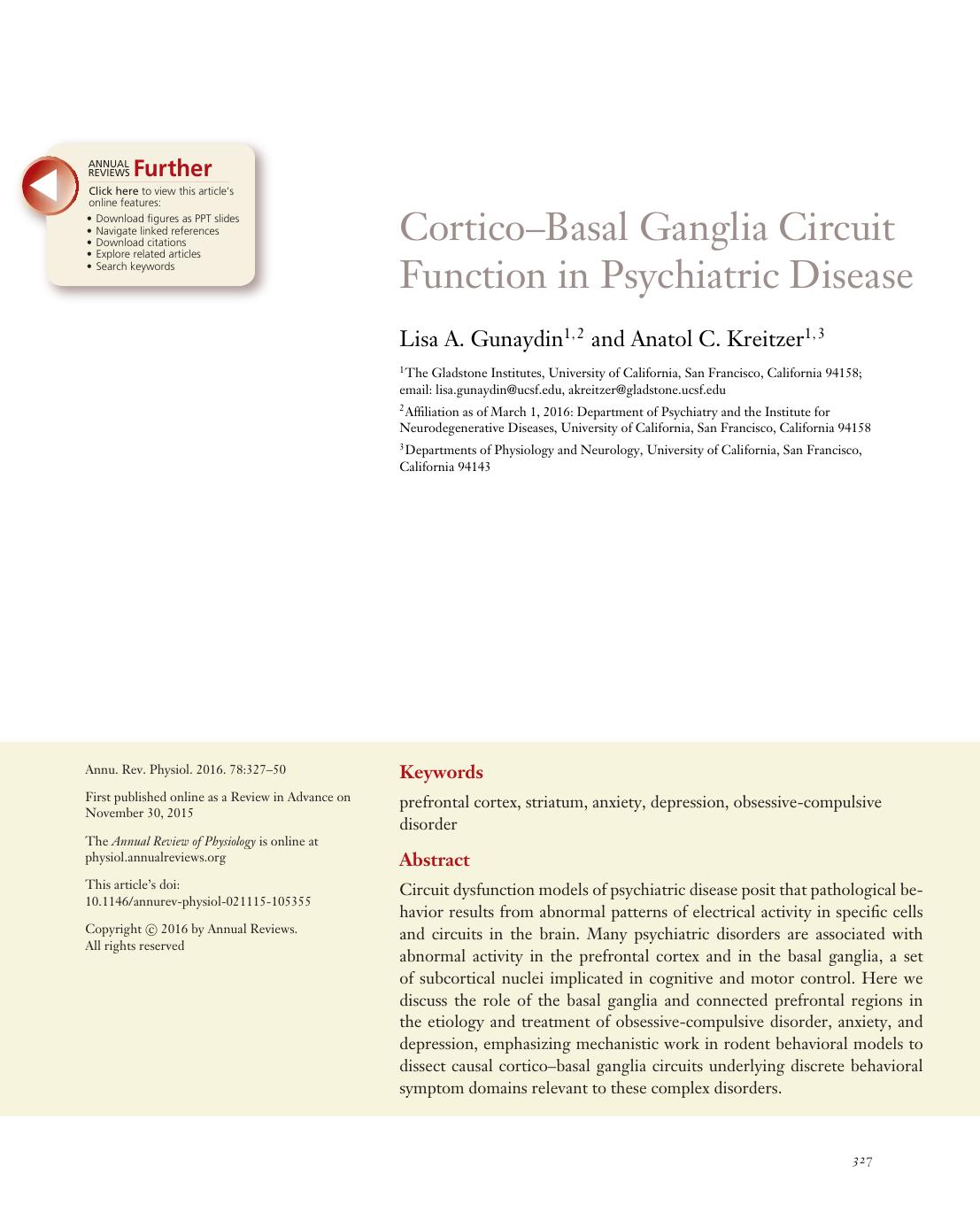 CorticoâBasal Ganglia Circuit Function in Psychiatric Disease by Lisa A. Gunaydin and Anatol C. Kreitzer