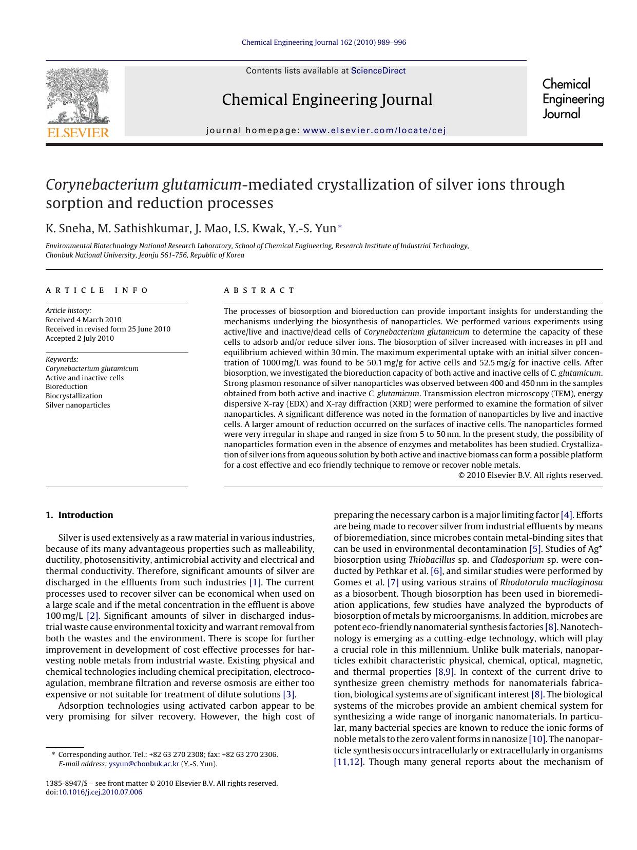 Corynebacterium glutamicum-mediated crystallization of silver ions through sorption and reduction processes by K. Sneha