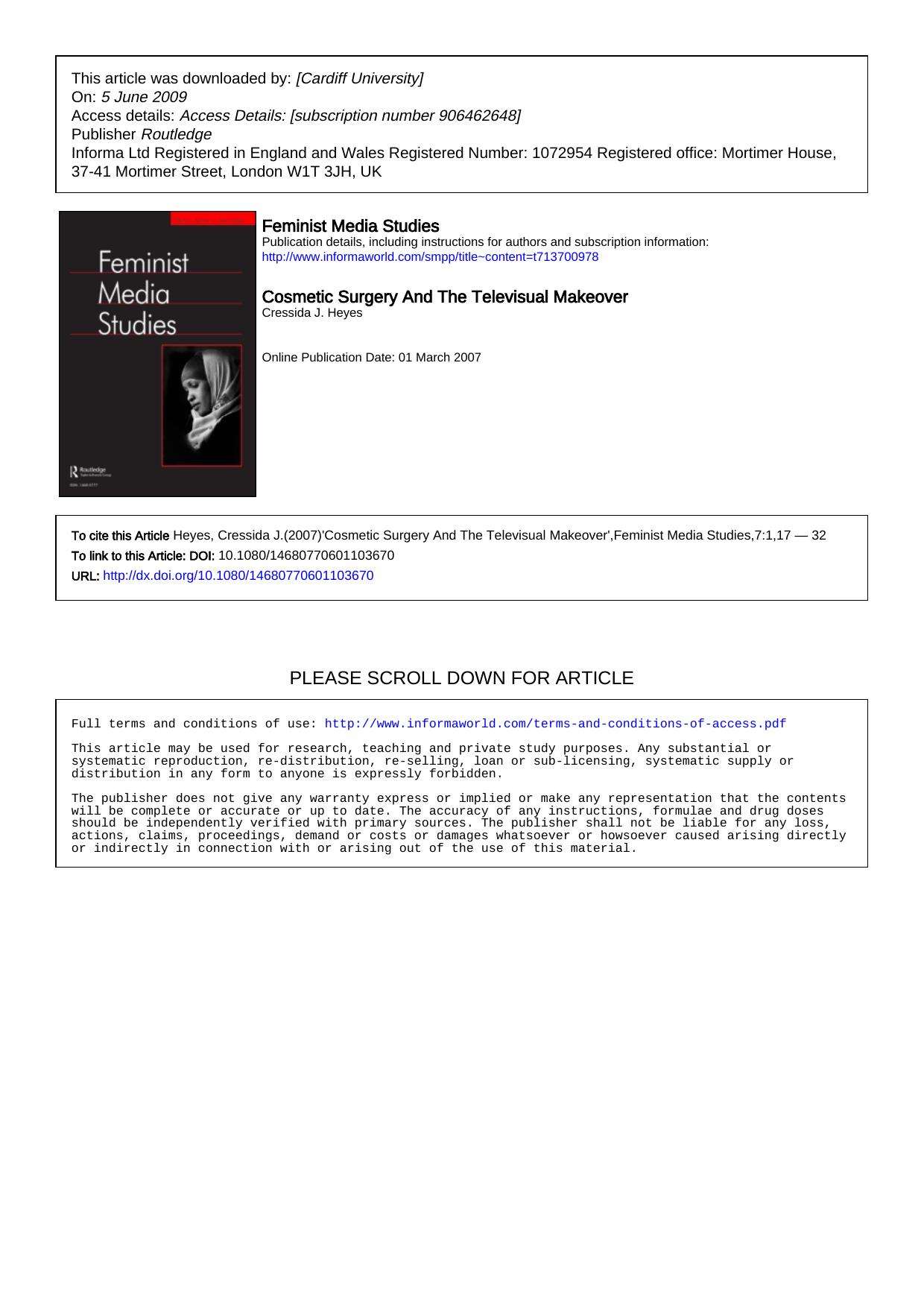 Cosmetic Surgery And The Televisual Makeover by Cressida J. Heyes