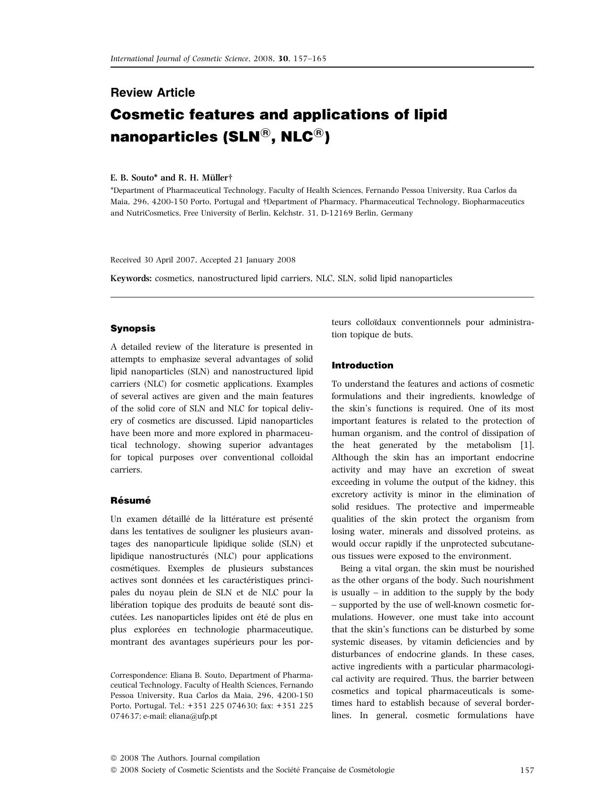 Cosmetic features and applications of lipid nanoparticles (SLNÂ®, NLCÂ®) by Unknown