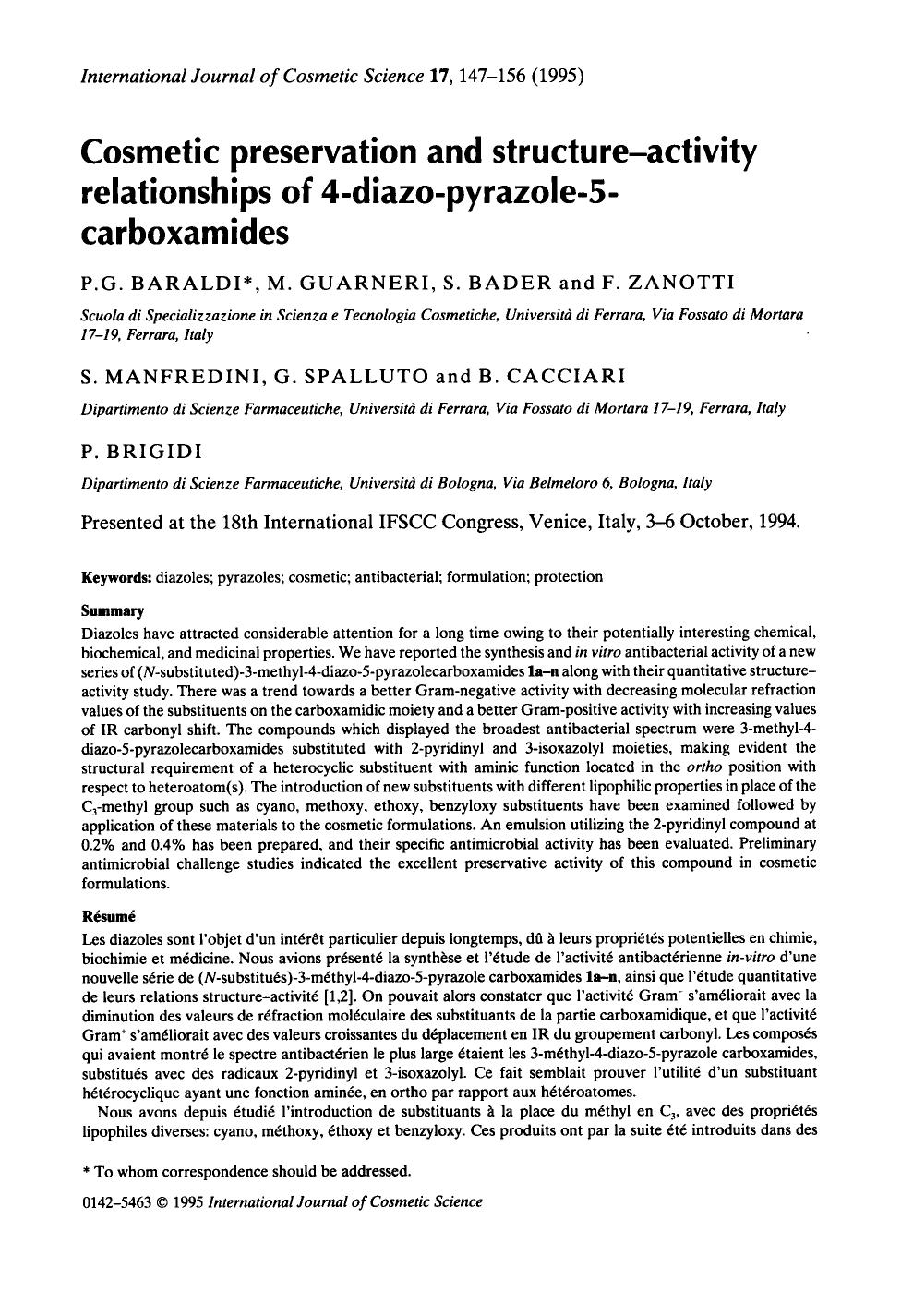 Cosmetic preservation and structure-activity relationships of 4-diazo-pyrazole-5-carboxamides by Unknown