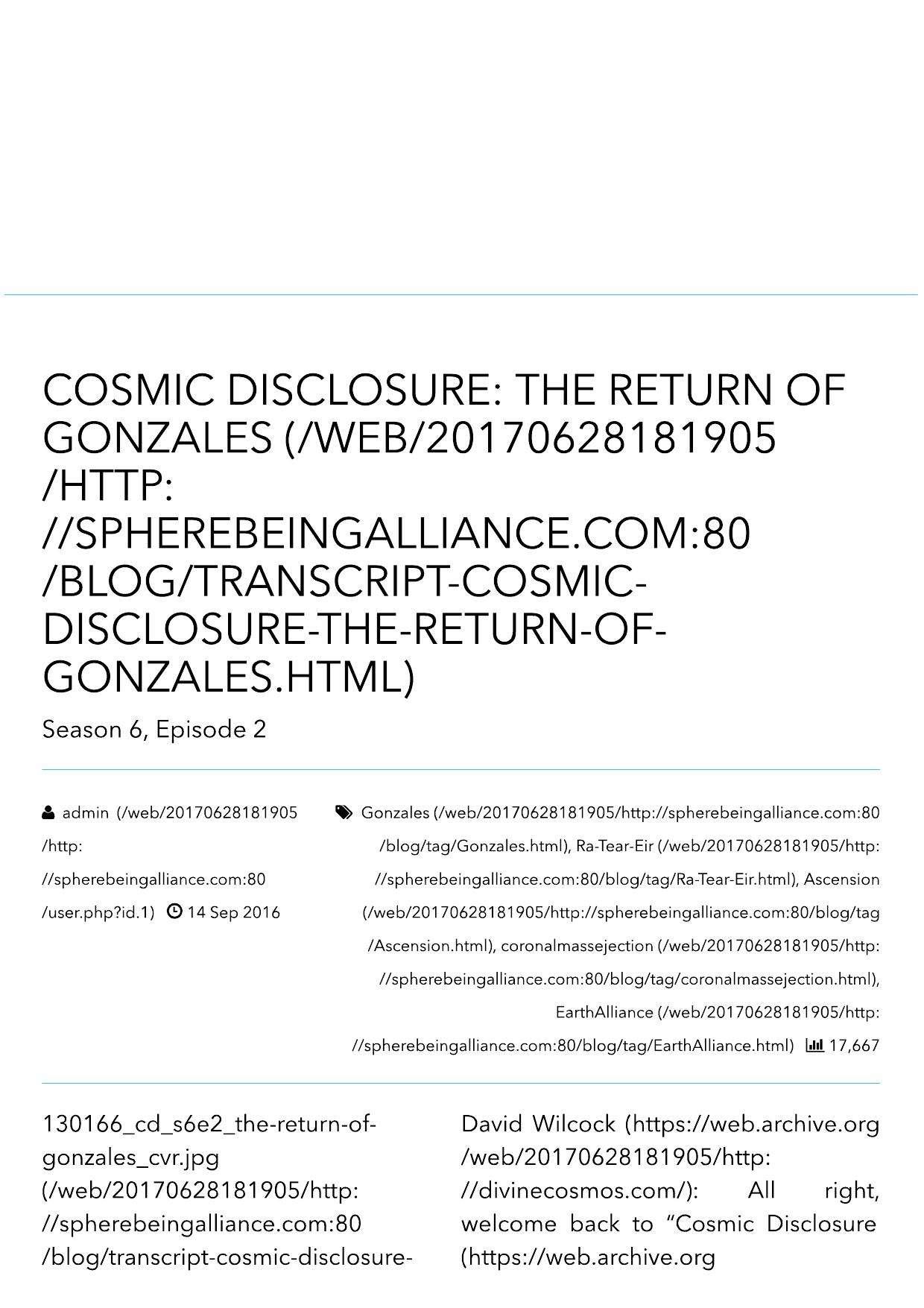 Cosmic Disclosure: The Return of Gonzales - Sphere-Being Alliance by Sphere-Being Alliance