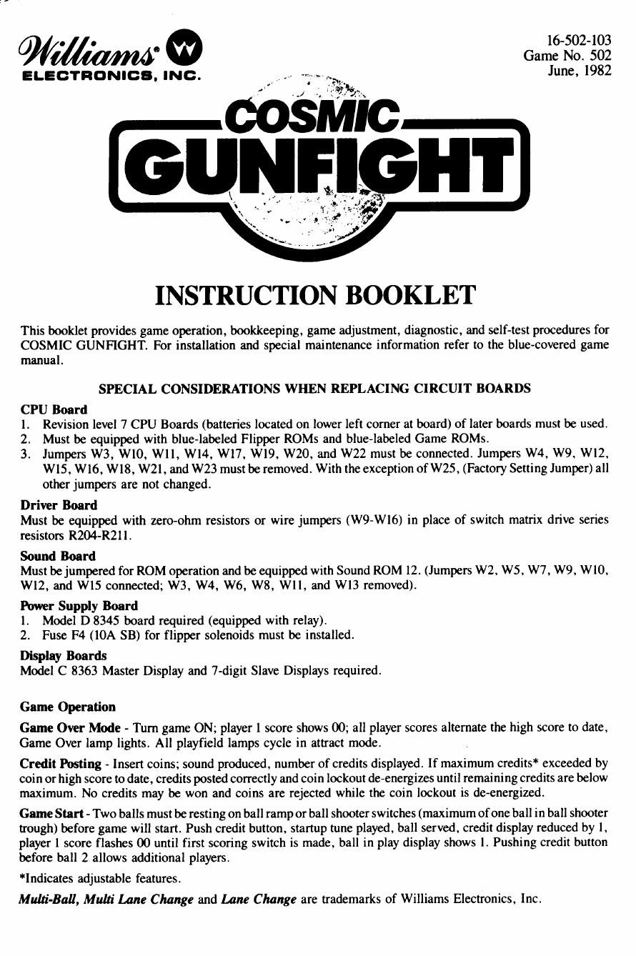 Cosmic Gunfight Operators Manual by Williams Electronics Inc