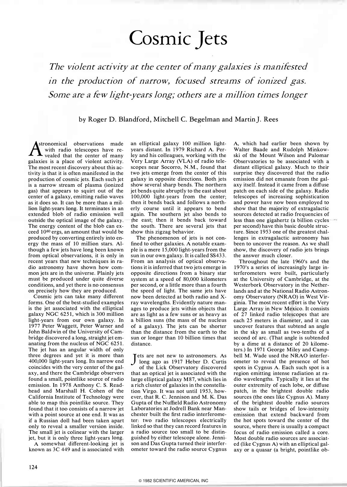 Cosmic Jets by Roger D. Blandford Mitchell C. Begelman and Martin J. Rees