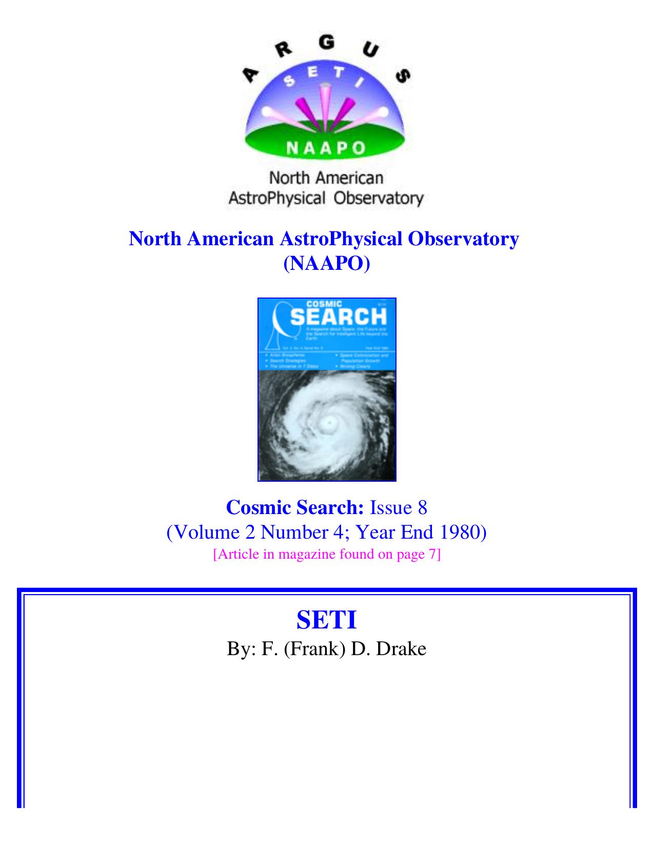 Cosmic Search Issue 08 Page 7 - SETI by F. D. Drake by SETI (1980)