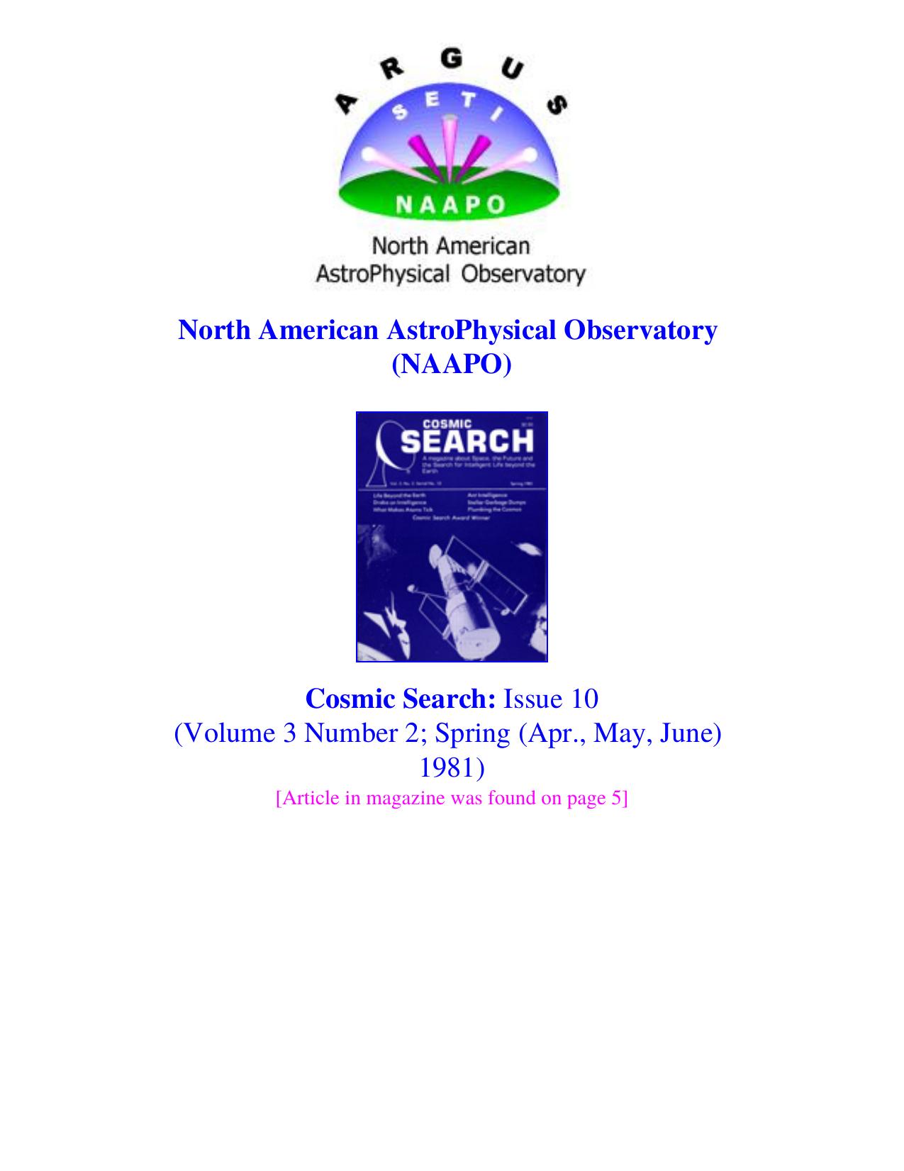 Cosmic Search Issue 10 Page 5 - On Intelligence: A Wave of the Past and Future by Frank D. Drake by Space Travel & Life Beyond the Earth (1981)