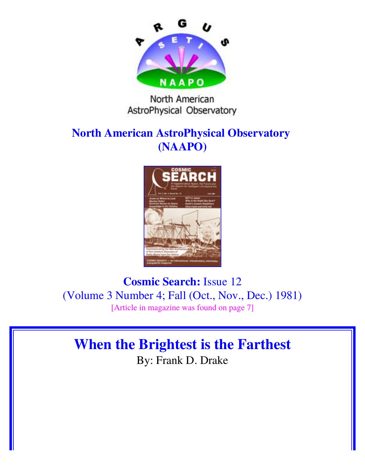 Cosmic Search Issue 12 Page 7 - When the Brightest is the Farthest by Frank D. Drake by When the Brightest is the Farthest (1981)