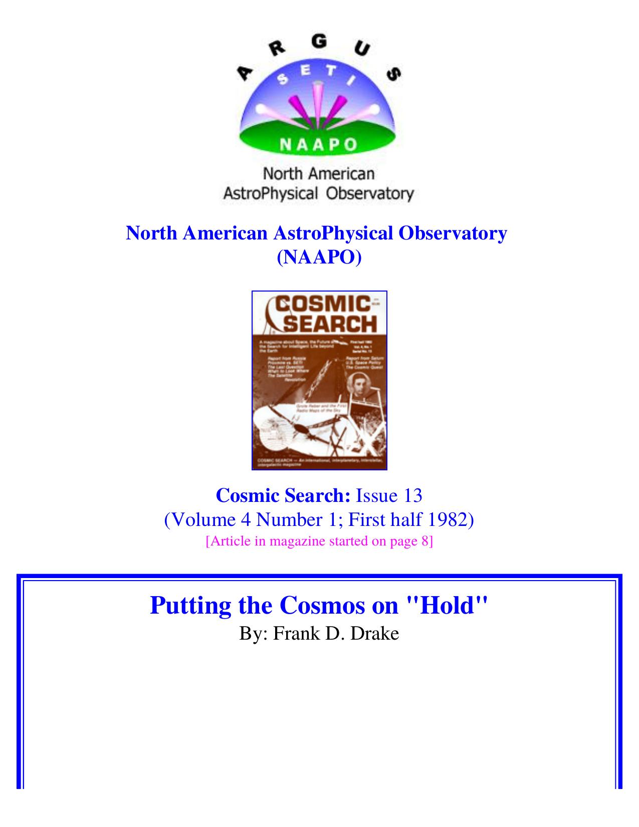 Cosmic Search Issue 13 Page 8 - Putting the Cosmos on "Hold" by Frank D. Drake by Putting the Cosmos on Hold (1982)