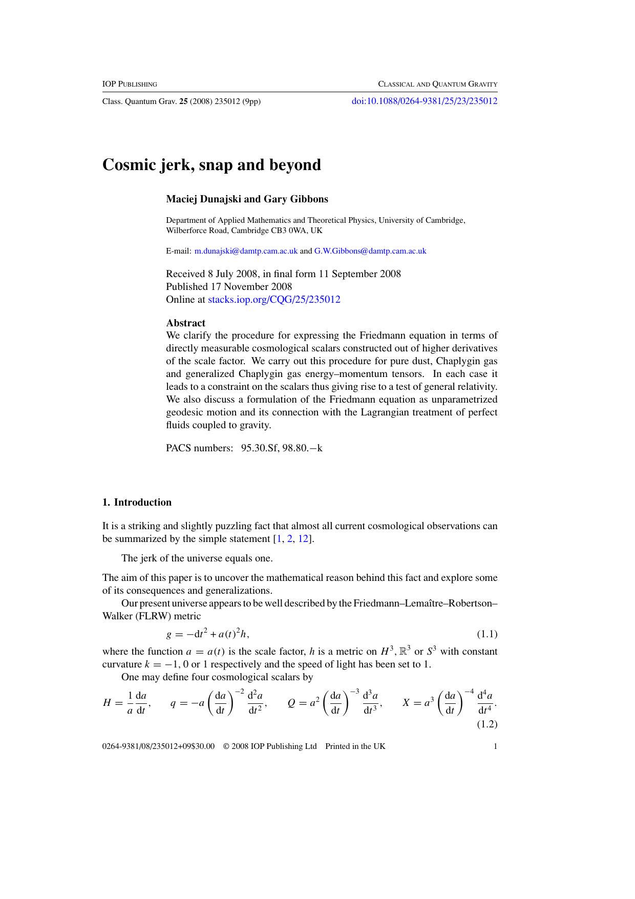 Cosmic jerk, Snap and beyond by M Dunajski and G Gibbons