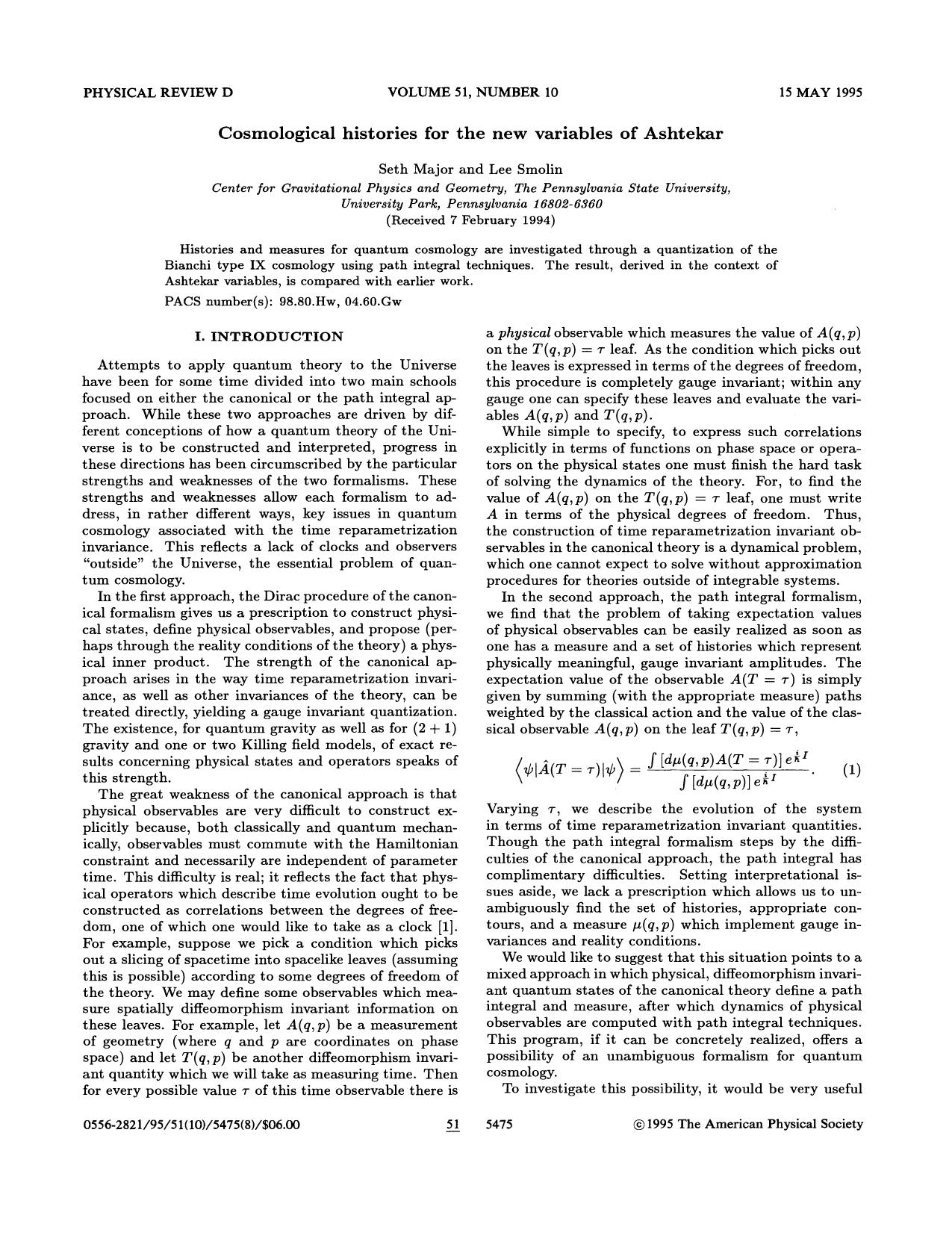 Cosmological Histories for the New Variables (1995) by Unknown
