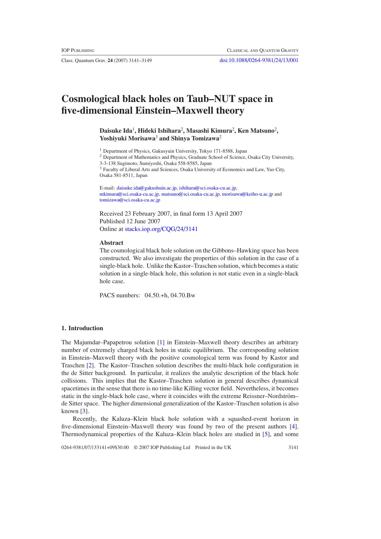 Cosmological black holes on Taub--NUT space by D Ida et al