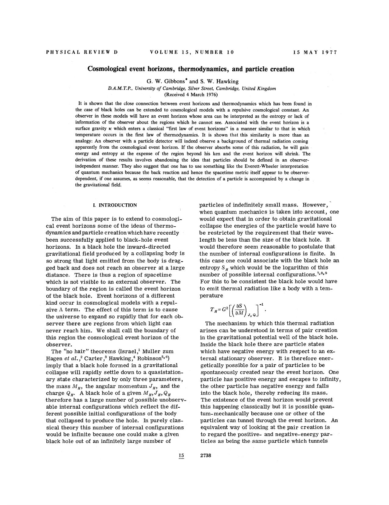 Cosmological event horizons, thermodynamics, and particle creation by G. W. Gibbons & S. W. Hawking