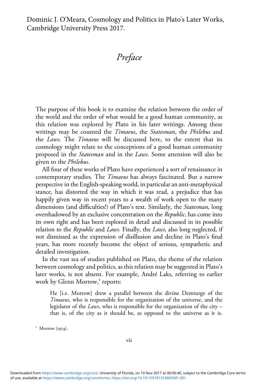 Cosmology and Politics in Plato's Later Works by Dominic J. O'Meara