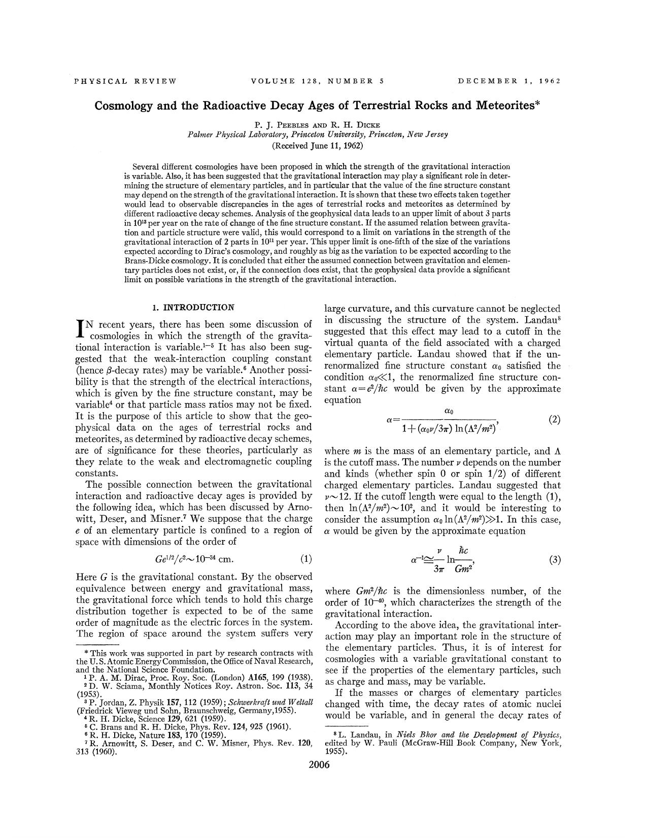 Cosmology and the Radioactive Decay Ages of Terrestrial Rocks and Meteorites by P. J. Peebles & R. H. Dicke