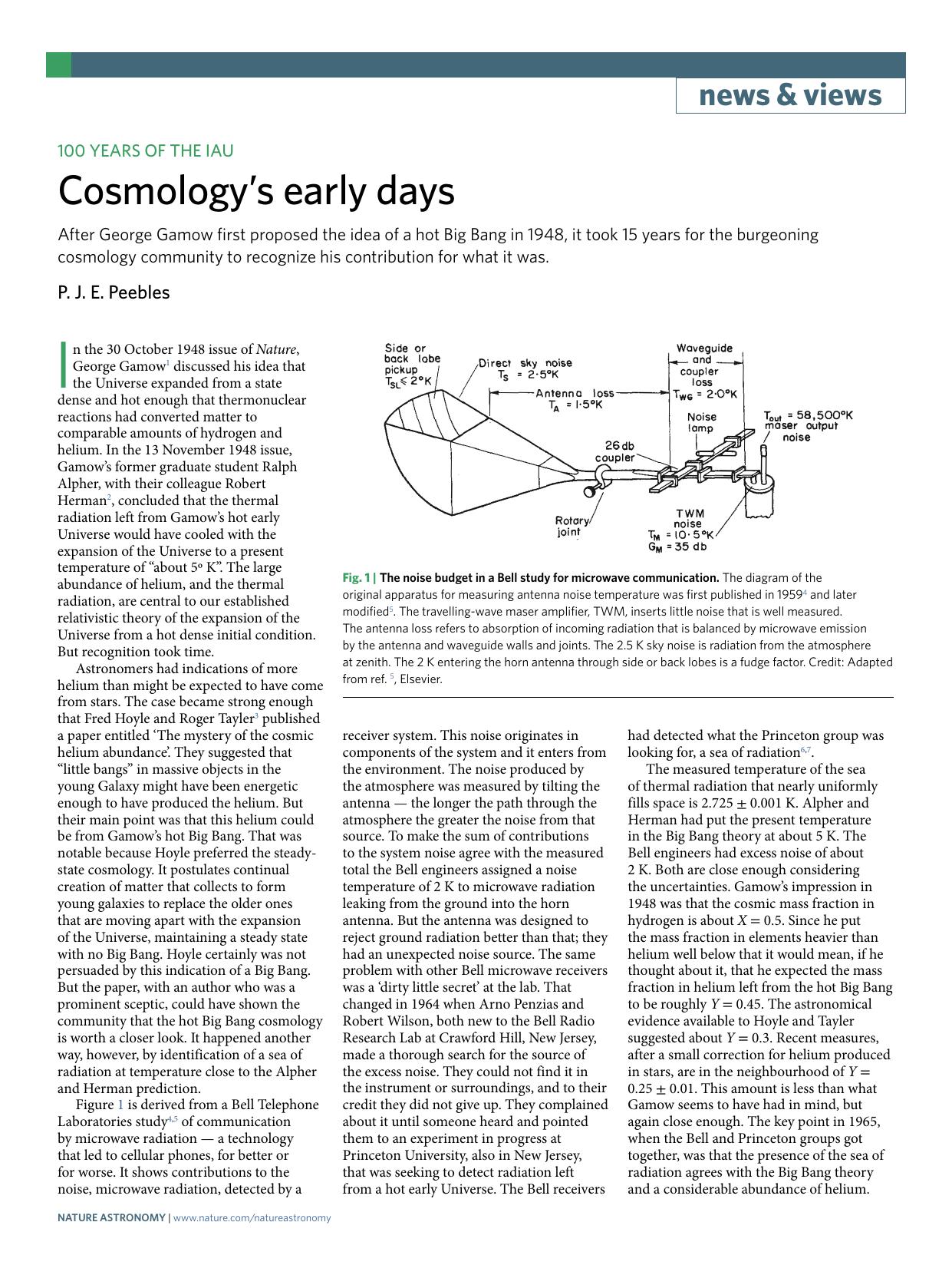 Cosmologyâs early days by P. J. E. Peebles