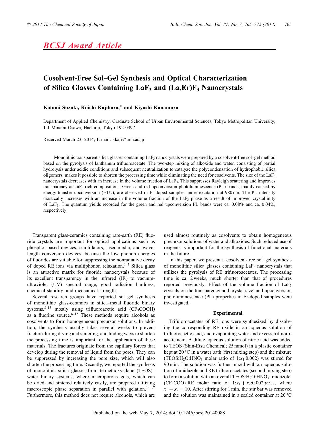 Cosolvent-Free Sol–Gel Synthesis and Optical Characterization of Silica Glasses Containing LaF3 and (La,Er)F3 Nanocrystals by Kotomi Suzuki Koichi Kajihara Kiyoshi Kanamura