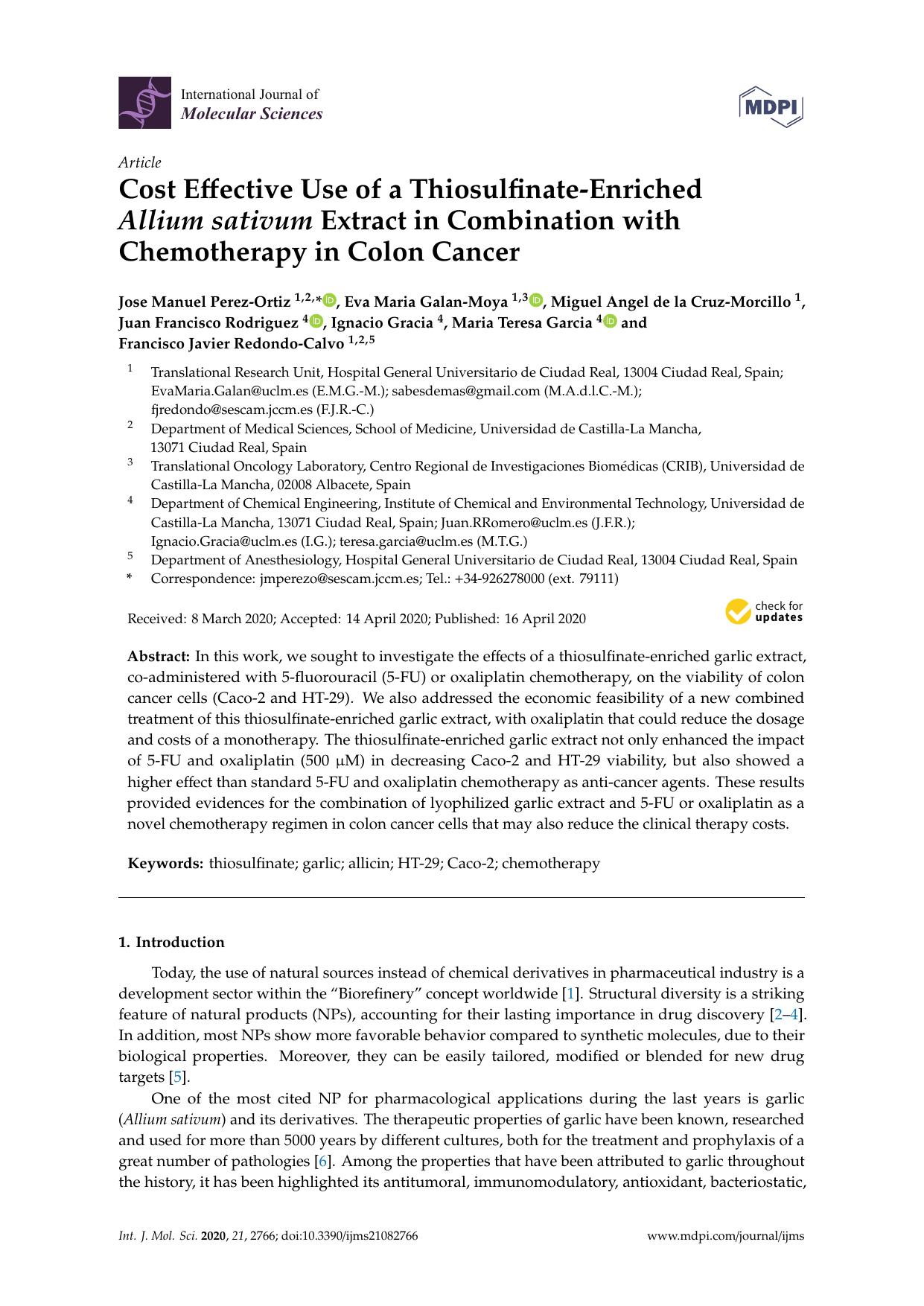 Cost Effective Use of a Thiosulfinate-Enriched Allium sativum Extract in Combination with Chemotherapy in Colon Cancer by Jose Manuel Perez-Ortiz