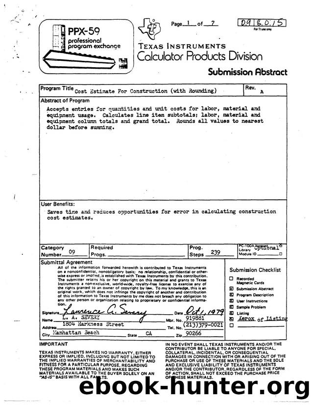 Cost Estimate for Construction (with rounding) by Unknown