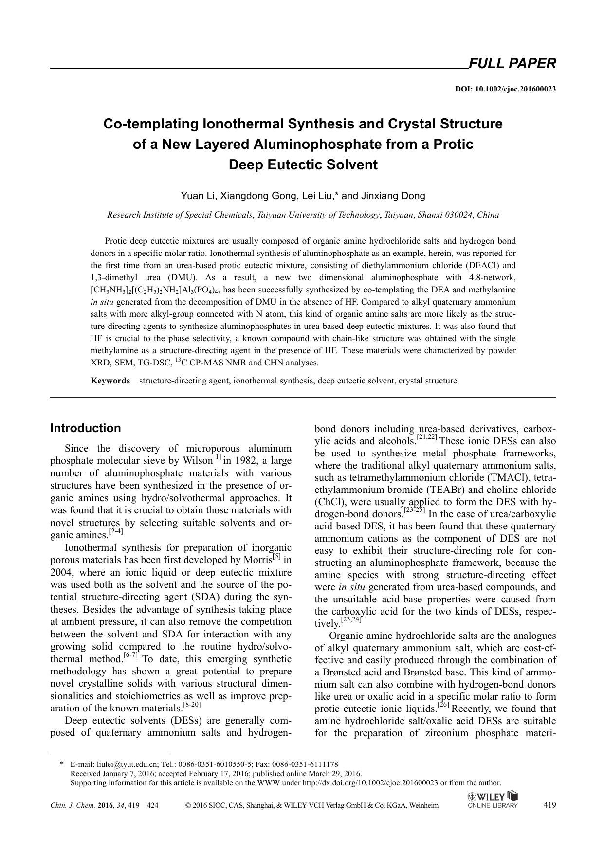 Cotemplating Ionothermal Synthesis and Crystal Structure of a New Layered Aluminophosphate from a Protic Deep Eutectic Solvent by lenovo