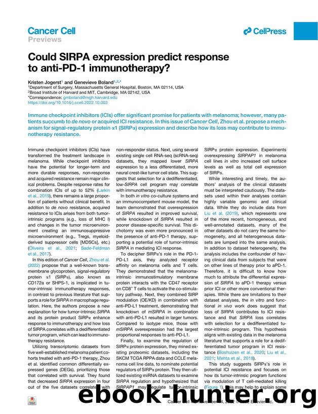 Could SIRPA expression predict response to anti-PD-1 immunotherapy? by Kristen Jogerst & Genevieve Boland