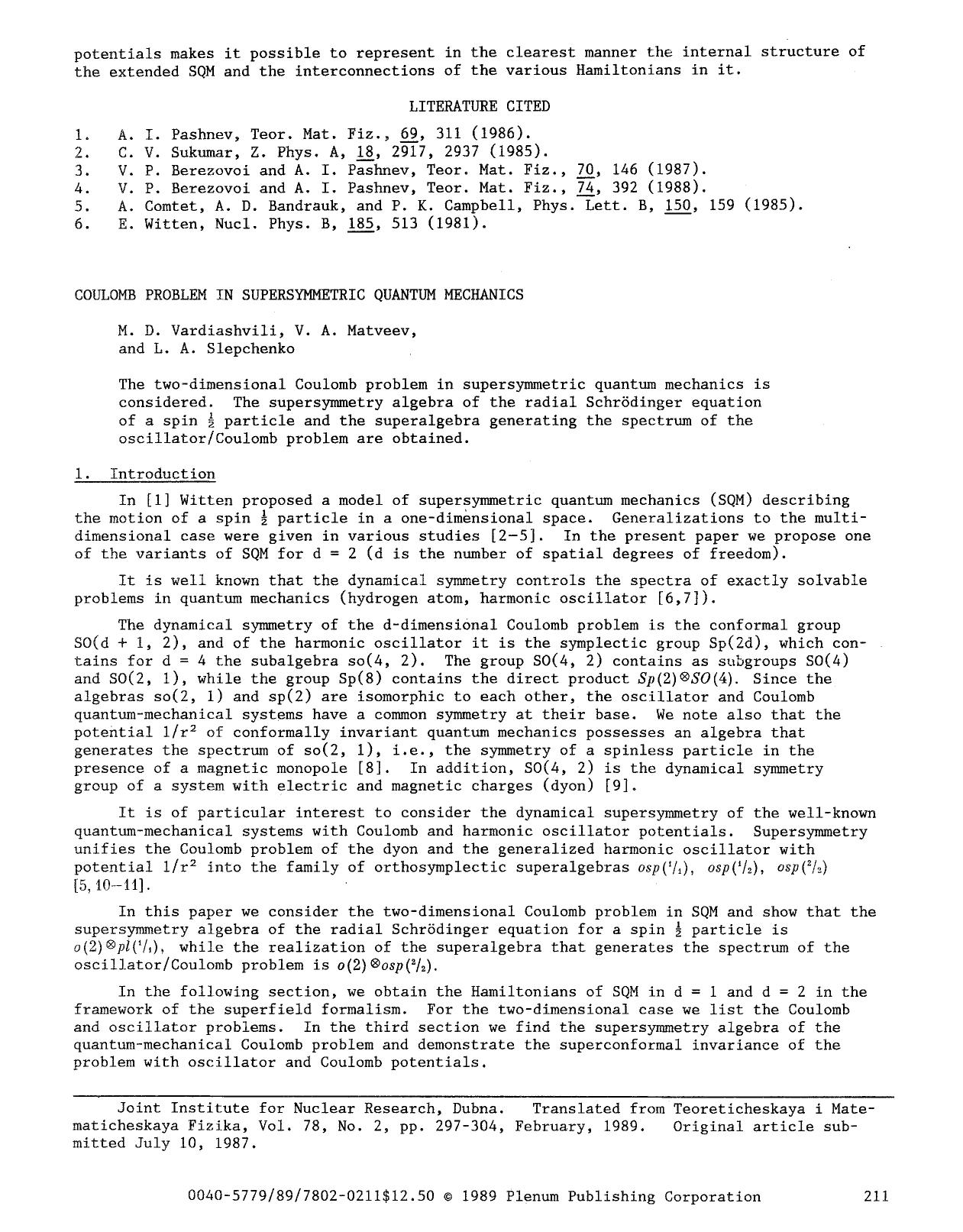 Coulomb problem in supersymmetric quantum mechanics by Unknown