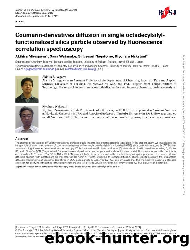 Coumarin-derivatives diffusion in single octadecylsilyl-functionalized silica particle observed by fluorescence correlation spectroscopy by Akihisa Miyagawa & Sana Watanabe & Shigenori Nagatomo & Kiyoharu Nakatani