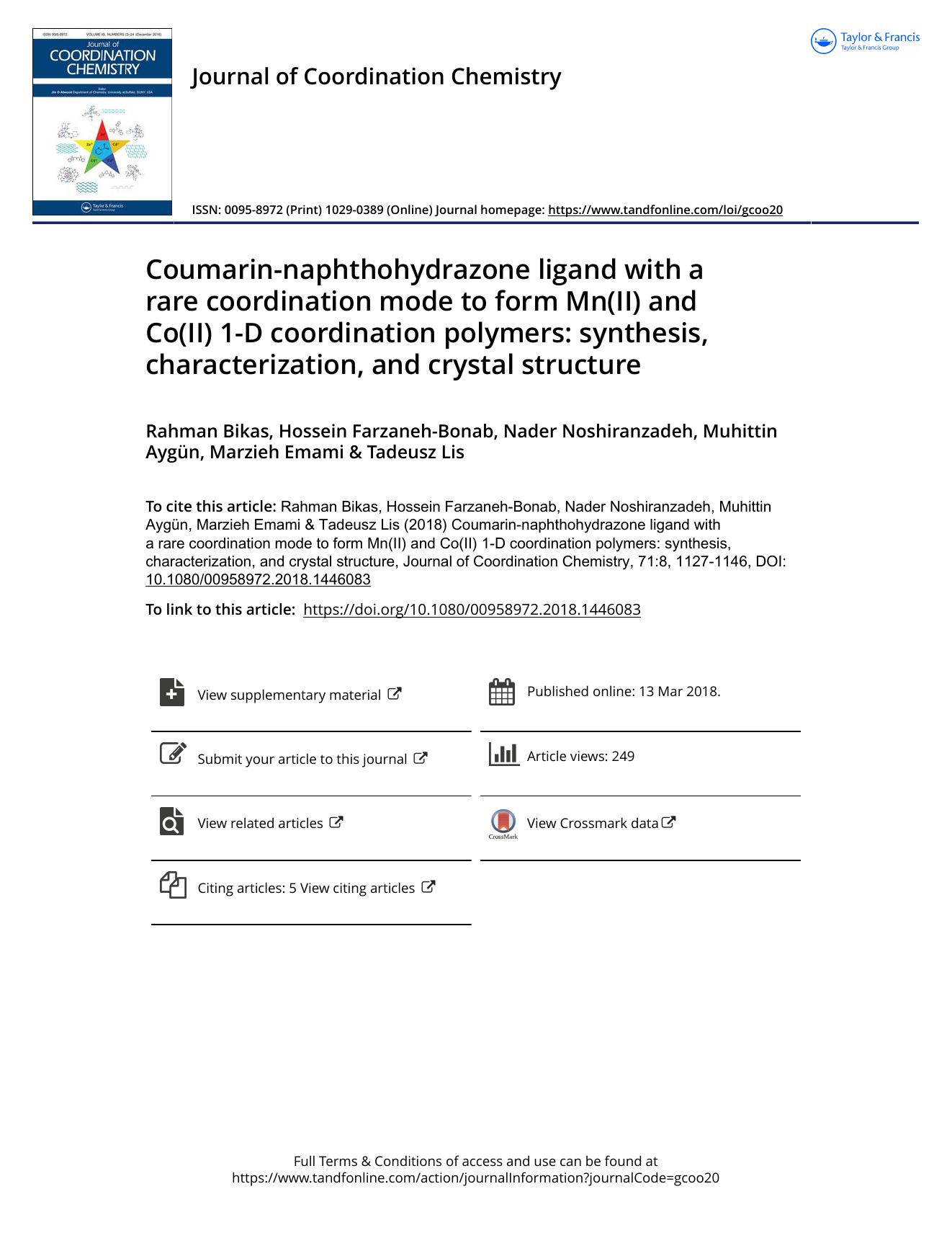 Coumarin-naphthohydrazone ligand with a rare coordination mode to form Mn(II) and Co(II) 1-D coordination polymers: synthesis, characterization, and crystal structure by unknow