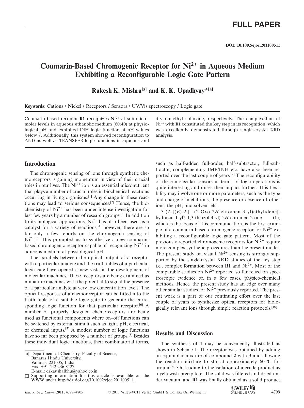 CoumarinBased Chromogenic Receptor for Ni2+ in Aqueous Medium Exhibiting a Reconfigurable Logic Gate Pattern by Unknown