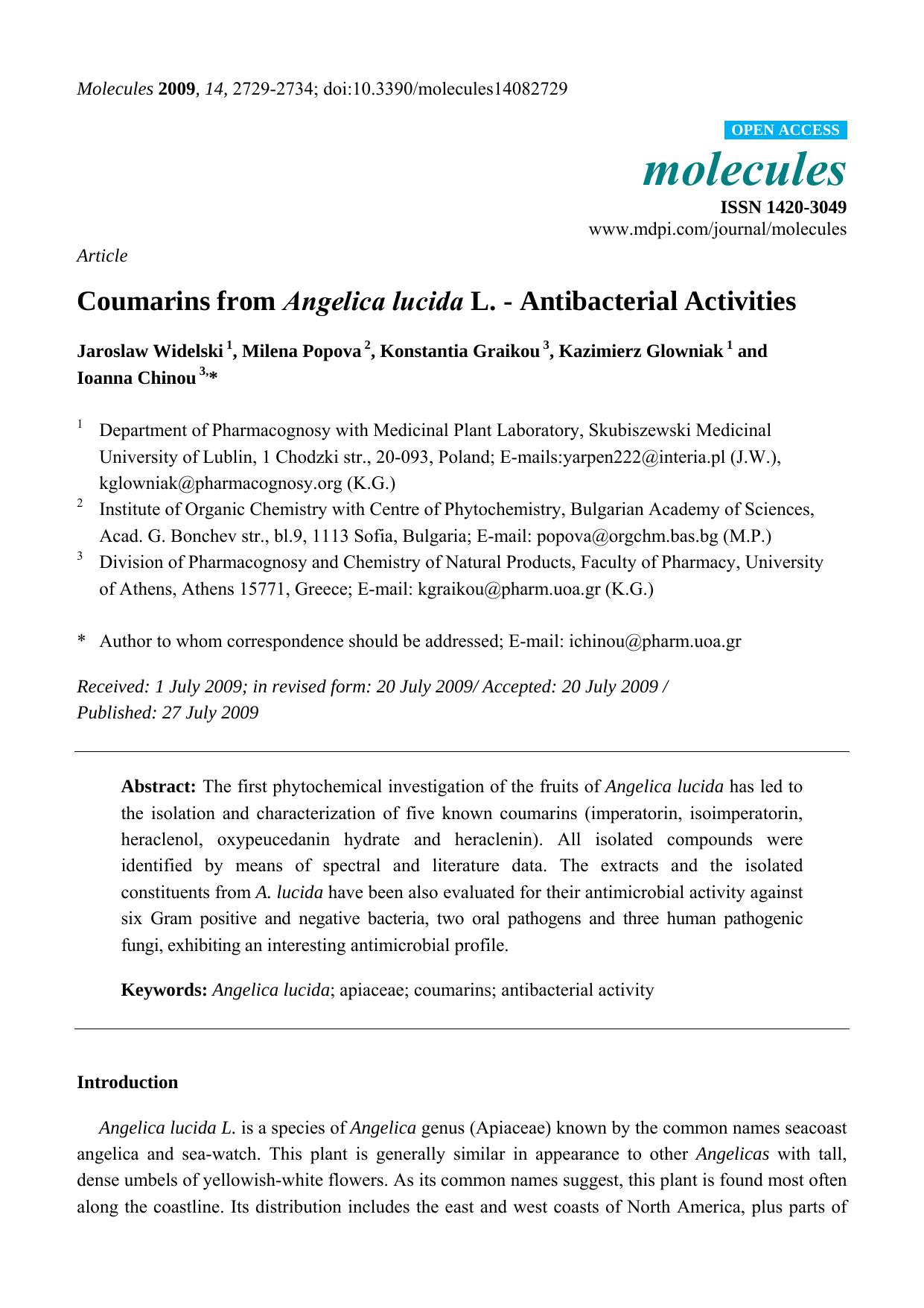 Coumarins from Angelica Lucida L. - Antibacterial Activities by Jaroslaw Widelski & Milena Popova & Konstantia Graikou & Kazimierz Glowniak & Ioanna Chinou