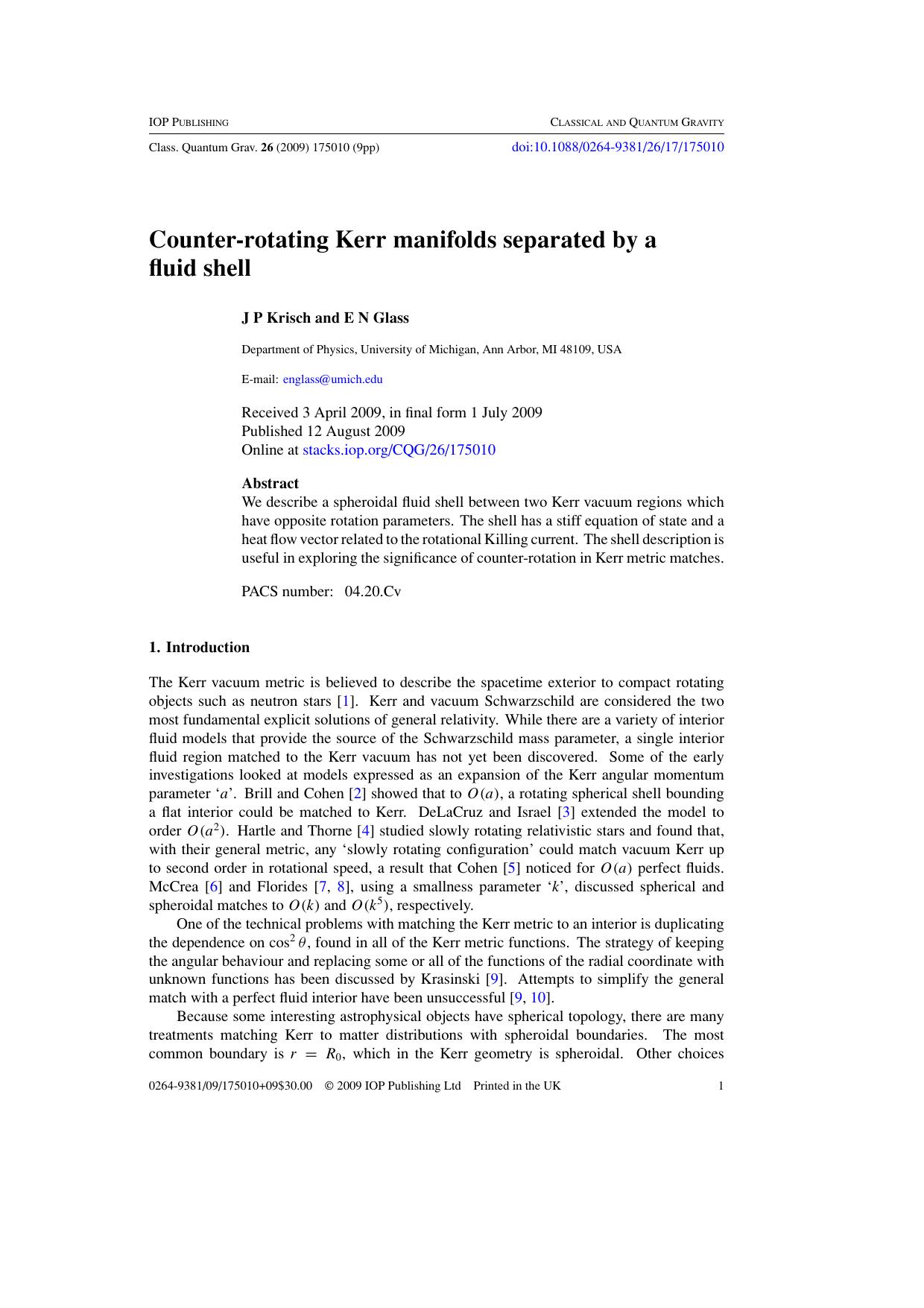 Counter-rotating Kerr manifolds separated by a fluid shell by J P Krisch and E N Glass