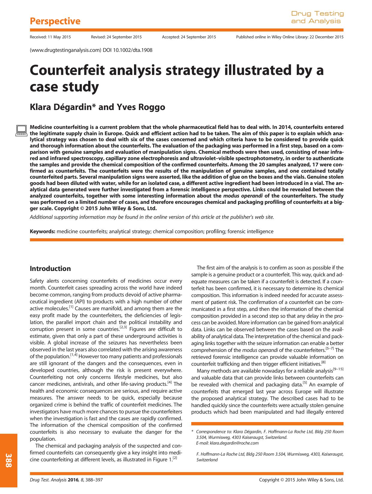 Counterfeit analysis strategy illustrated by a case study by Klara Dégardin and Yves Roggo