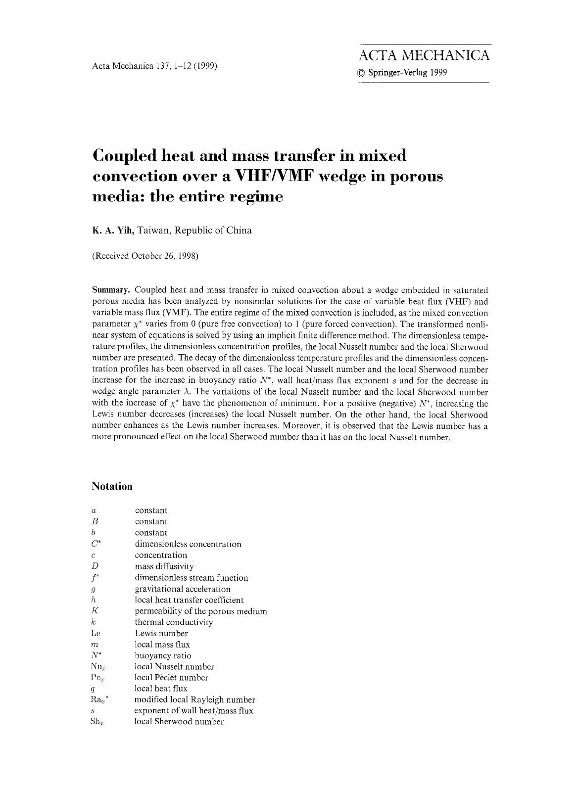 Coupled heat and mass transfer in mixed convection over a VHFVMF wedge in porous media: The entire regime by Unknown