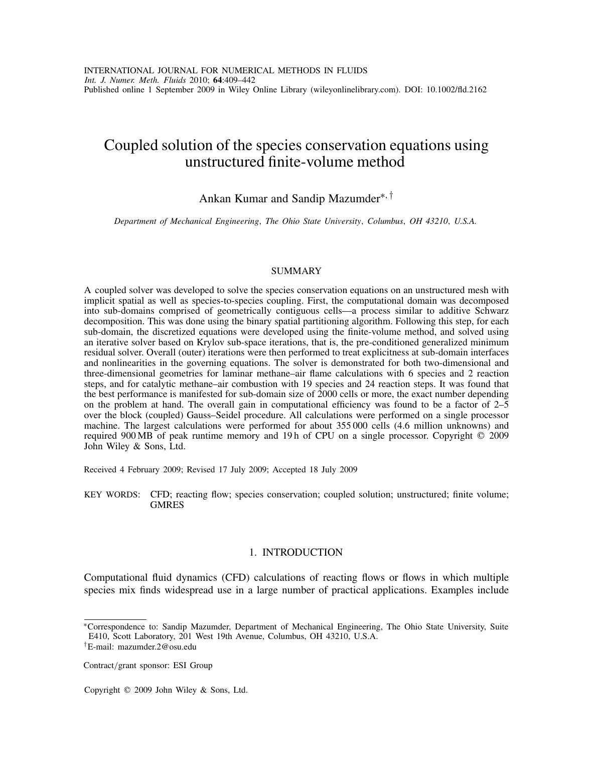 Coupled solution of the species conservation equations using unstructured finitevolume method by Unknown