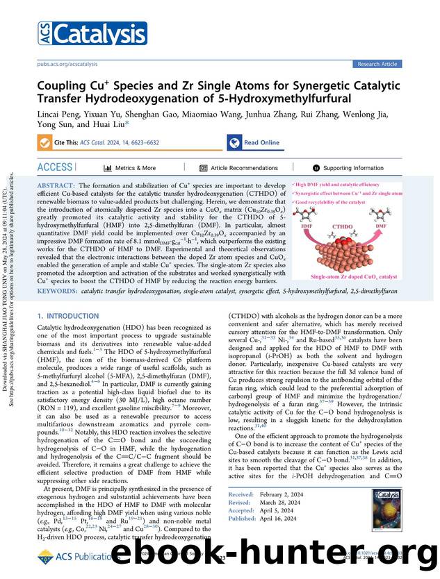 Coupling Cu+ Species and Zr Single Atoms for Synergetic Catalytic Transfer Hydrodeoxygenation of 5-Hydroxymethylfurfural by unknow