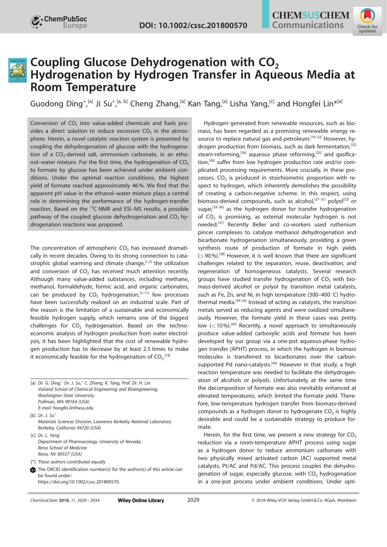 Coupling Glucose Dehydrogenation with CO2 Hydrogenation by Hydrogen Transfer in Aqueous Media at Room Temperature by Unknown