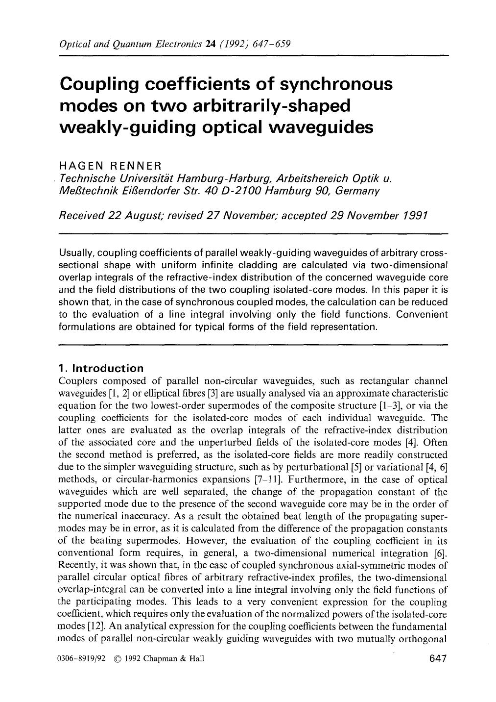 Coupling coefficients of synchronous modes on two arbitrarily-shaped weakly-guiding optical waveguides by Unknown