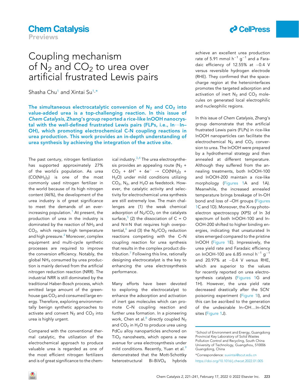 Coupling mechanism of N2 and CO2 to urea over artificial frustrated Lewis pairs by Shasha Chu & Xintai Su