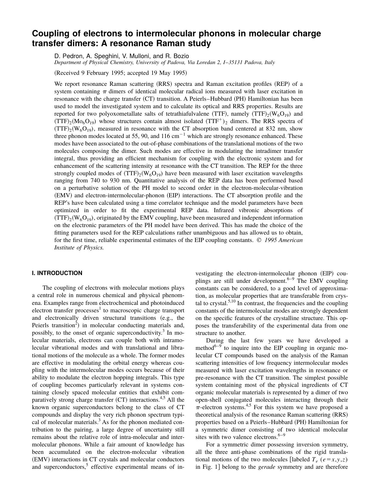 Coupling of electrons to intermolecular phonons in molecular charge transfer dimers: A resonance Raman study by D. Pedron & A. Speghini & V. Mulloni & and R. Bozio