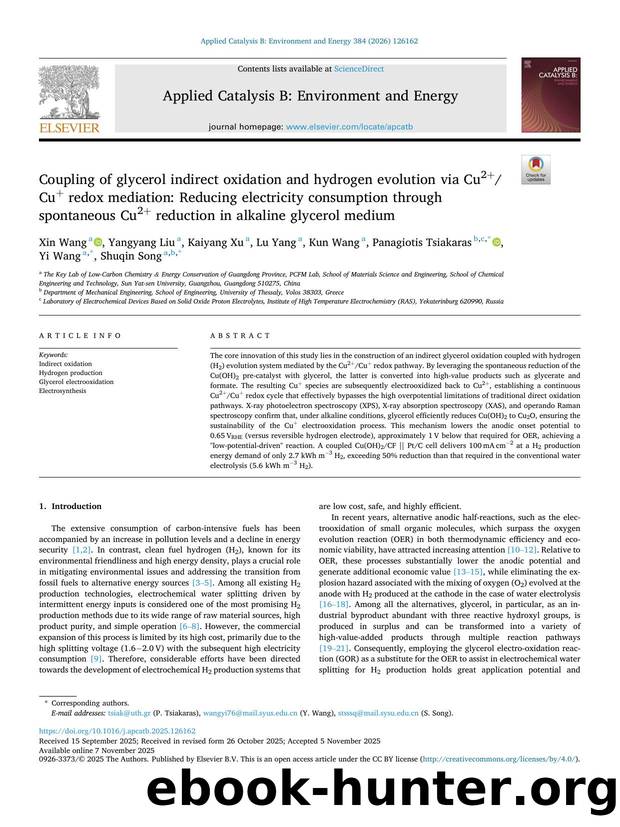 Coupling of glycerol indirect oxidation and hydrogen evolution via Cu2+Cu+ redox mediation: Reducing electricity consumption through spontaneous Cu2+ reduction in alkaline glycerol medium by unknow