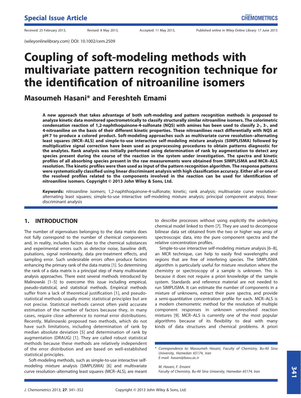 Coupling of softmodeling methods with multivariate pattern recognition technique for the identification of nitroaniline isomers by Unknown