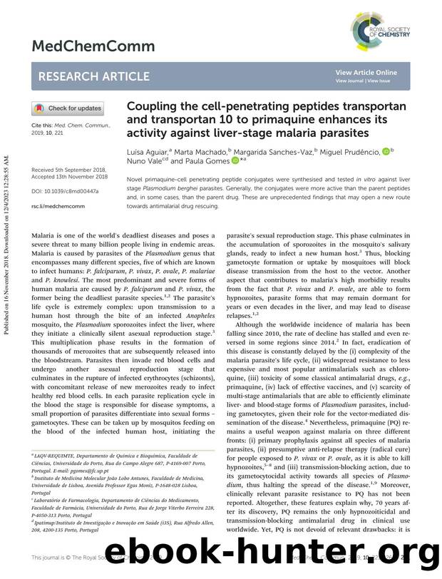 Coupling the cell-penetrating peptides transportan and transportan 10 to primaquine enhances its activity against liver-stage malaria parasites by Luísa Aguiar & Marta Machado & Margarida Sanches-Vaz & Miguel Prudêncio & Nuno Vale & Paula Gomes