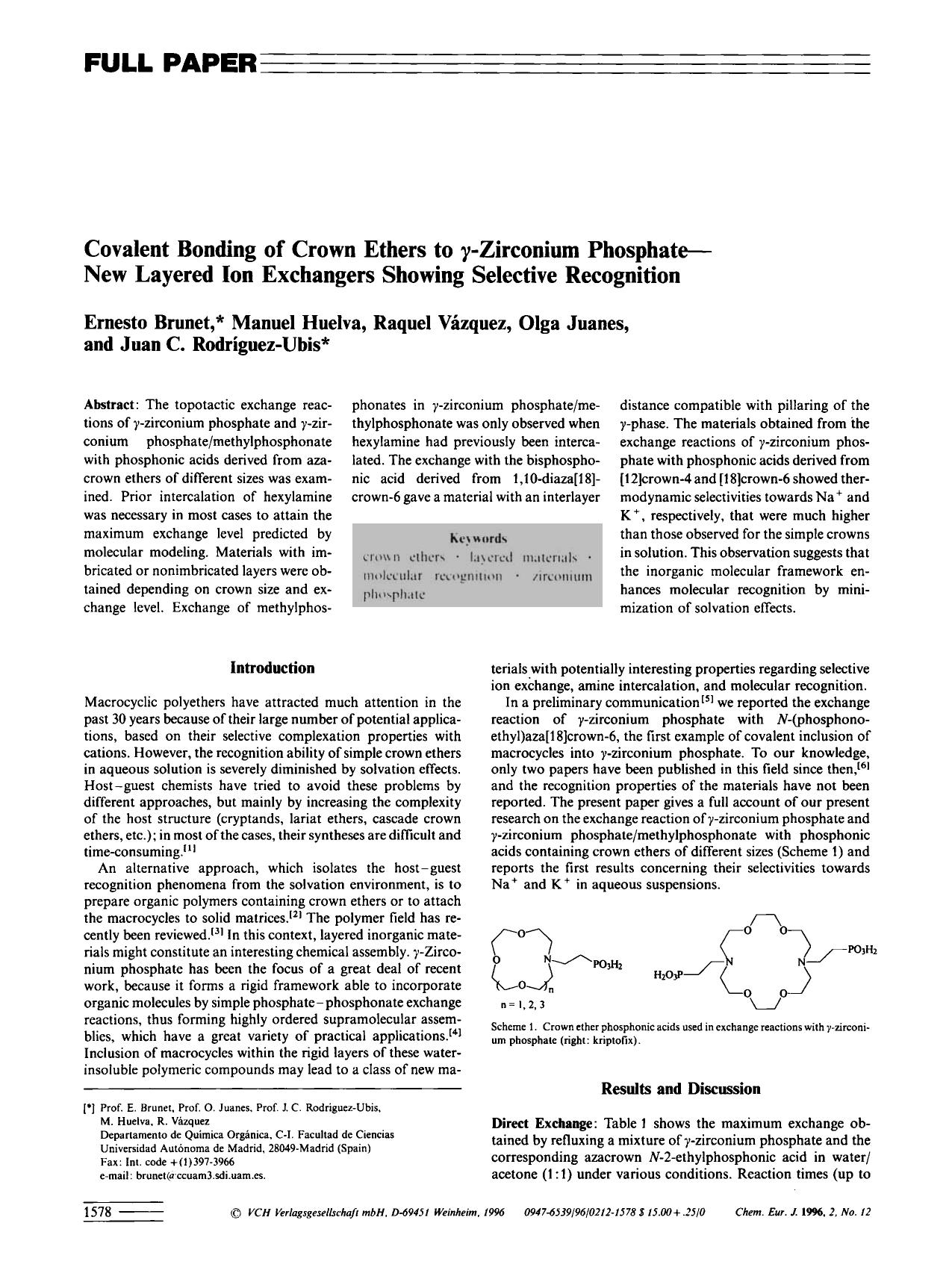 Covalent Bonding of Crown Ethers to [gamma]-Zirconium Phosphate-New Layered Ion Exchangers Showing Selective Recognition by Unknown