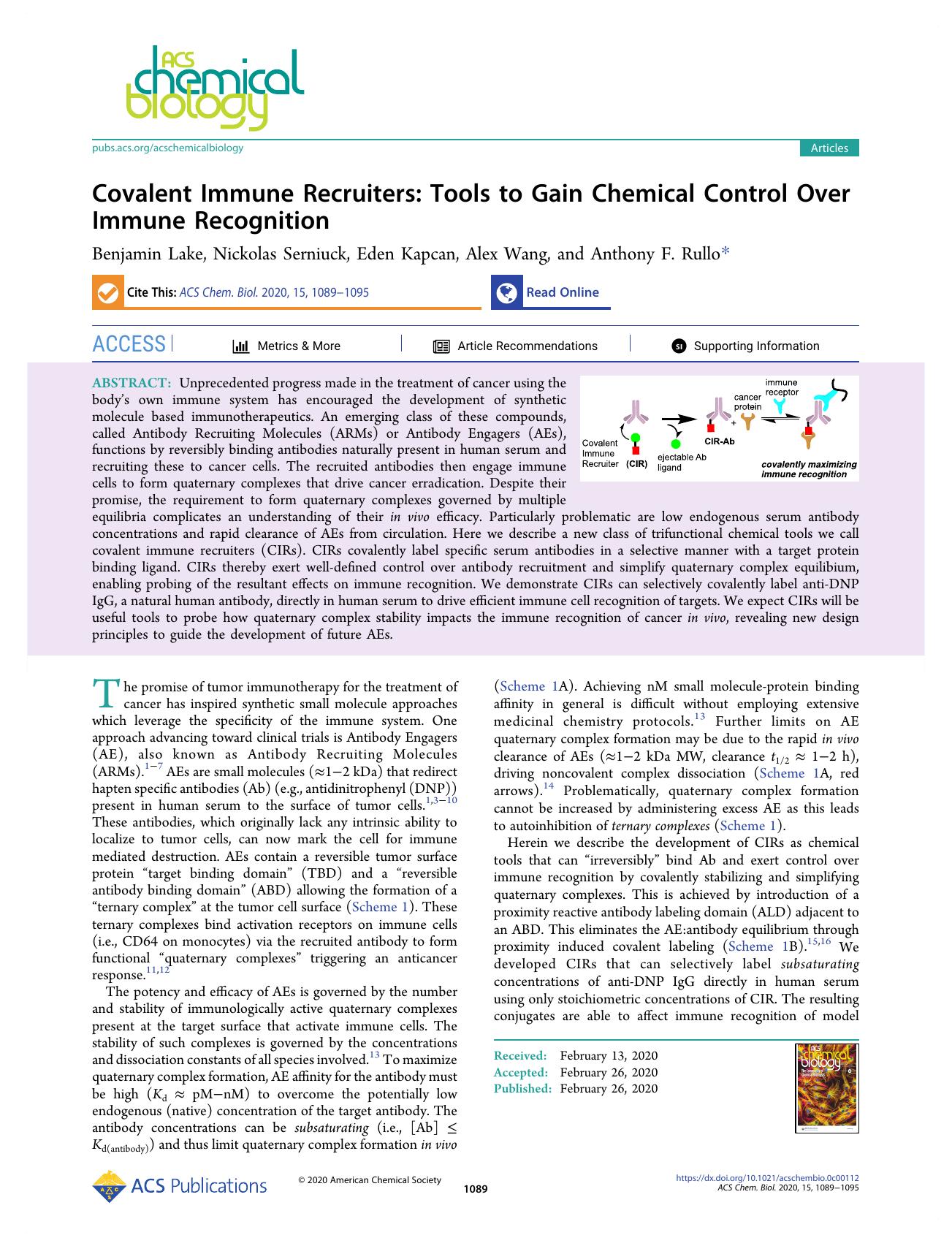 Covalent Immune Recruiters: Tools to Gain Chemical Control Over Immune Recognition by Benjamin Lake Nickolas Serniuck Eden Kapcan Alex Wang and Anthony F. Rullo