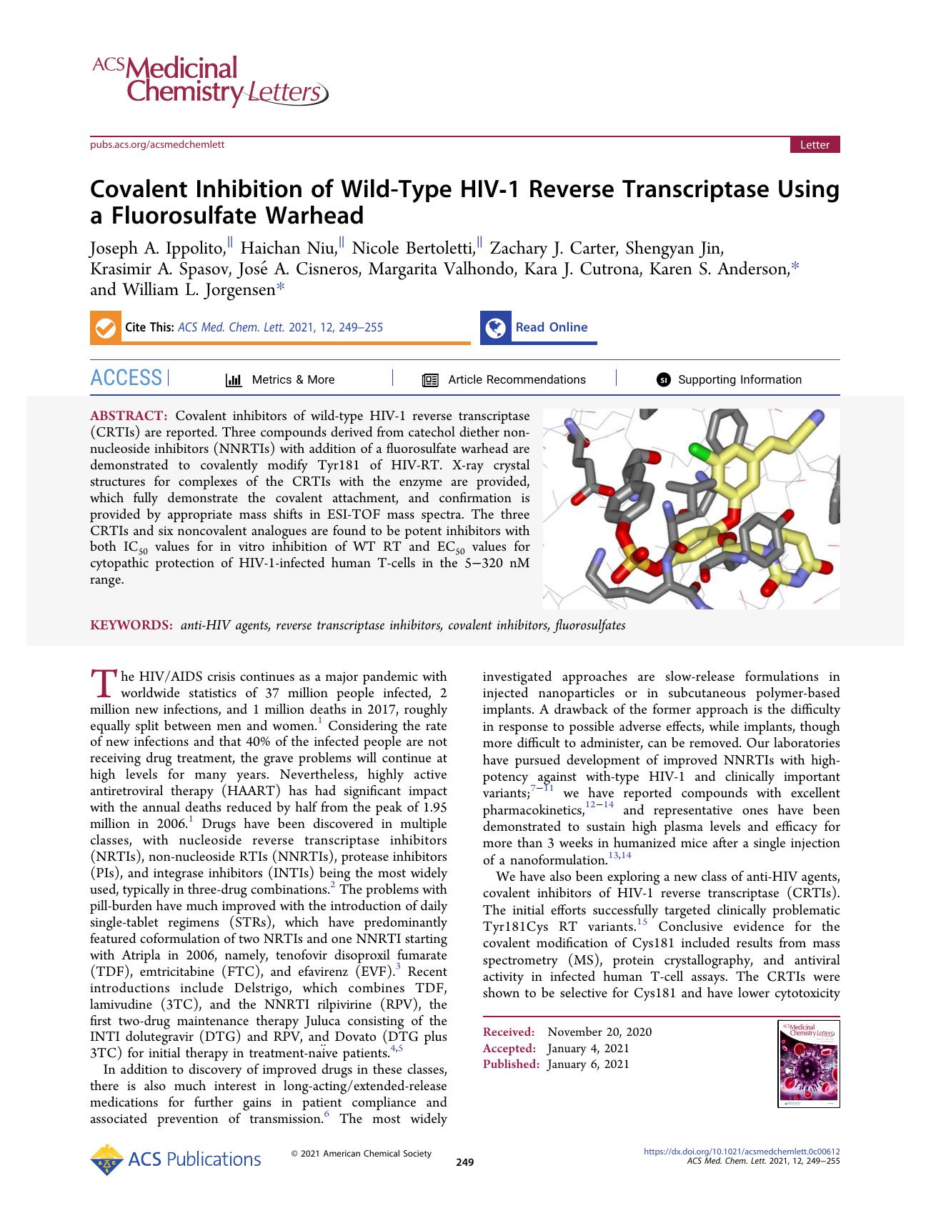 Covalent Inhibition of Wild-Type HIV-1 Reverse Transcriptase Using a Fluorosulfate Warhead by unknow
