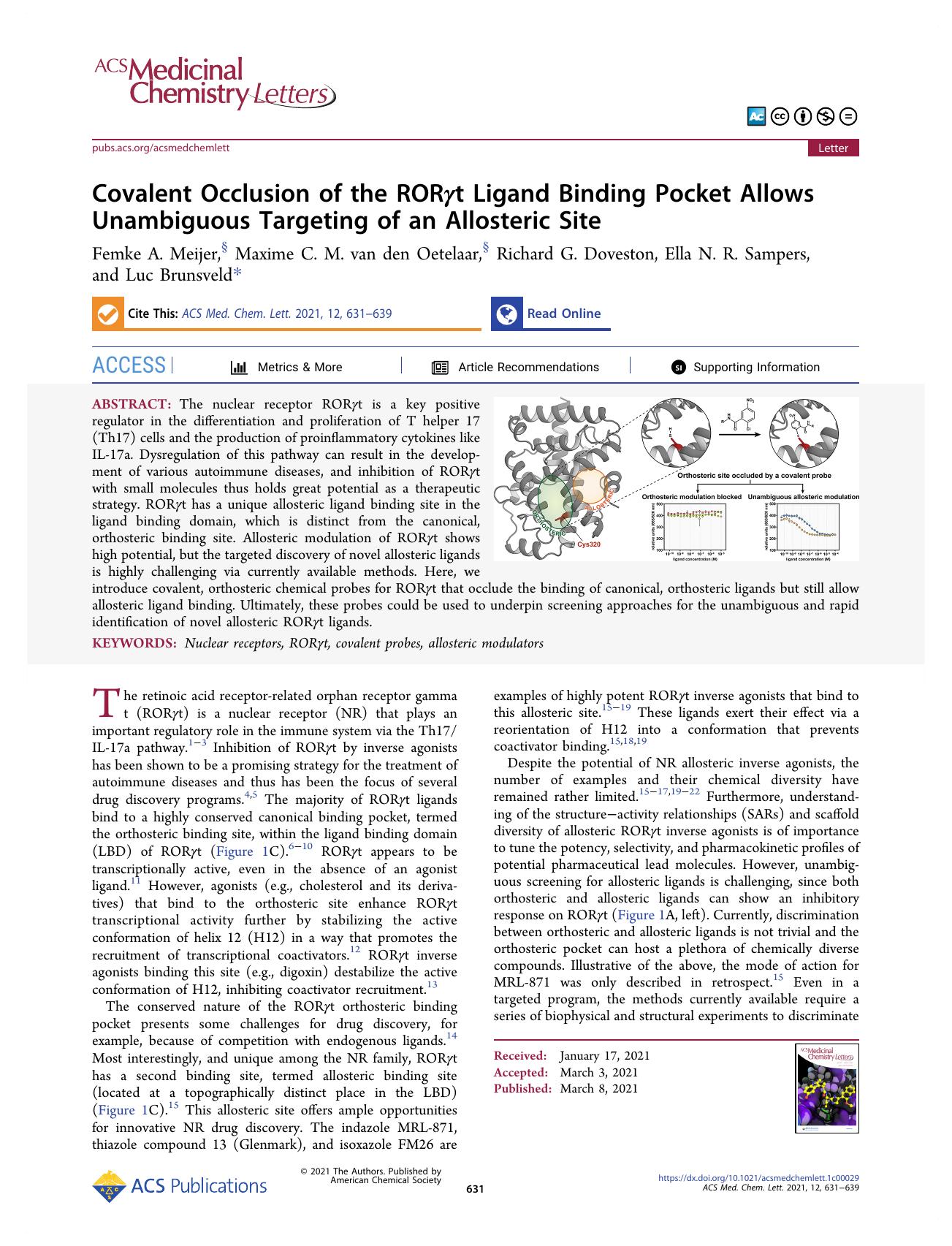 Covalent Occlusion of the RORÎ³t Ligand Binding Pocket Allows Unambiguous Targeting of an Allosteric Site by unknow