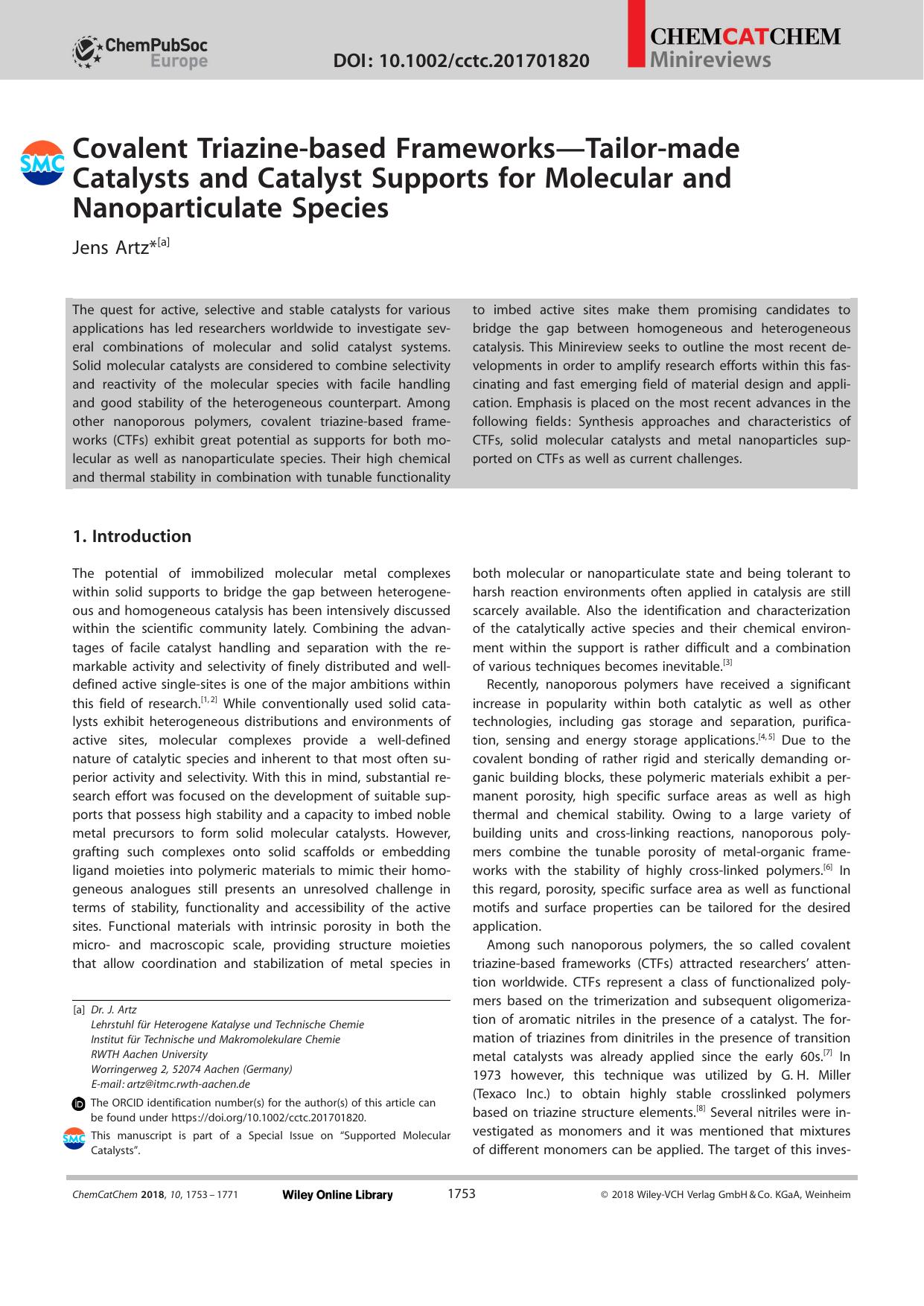 Covalent Triazineâbased FrameworksâTailorâmade Catalysts and Catalyst Supports for Molecular and Nanoparticulate Species by Unknown