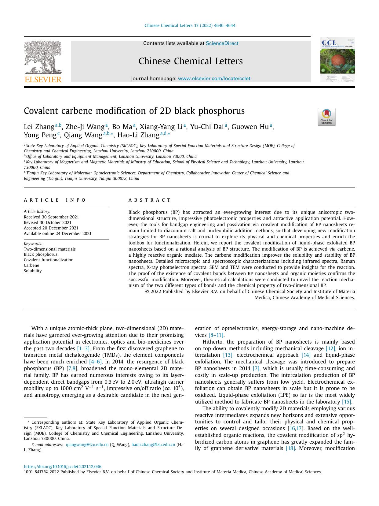 Covalent carbene modification of 2D black phosphorus by unknow