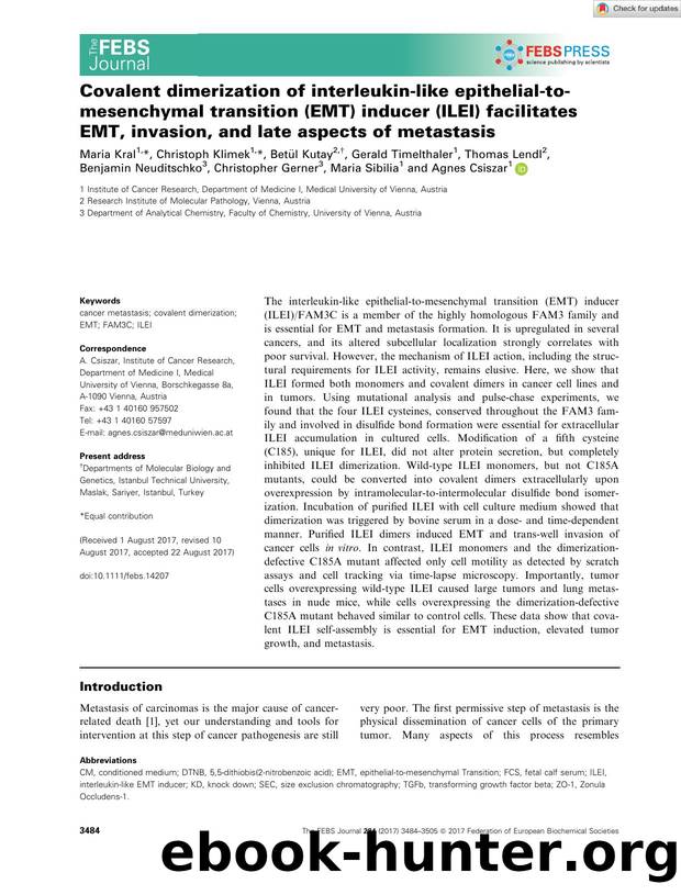 Covalent dimerization of interleukinâlike epithelialâtoâmesenchymal transition (EMT) inducer (ILEI) facilitates EMT, invasion, and late aspects of metastasis by Unknown